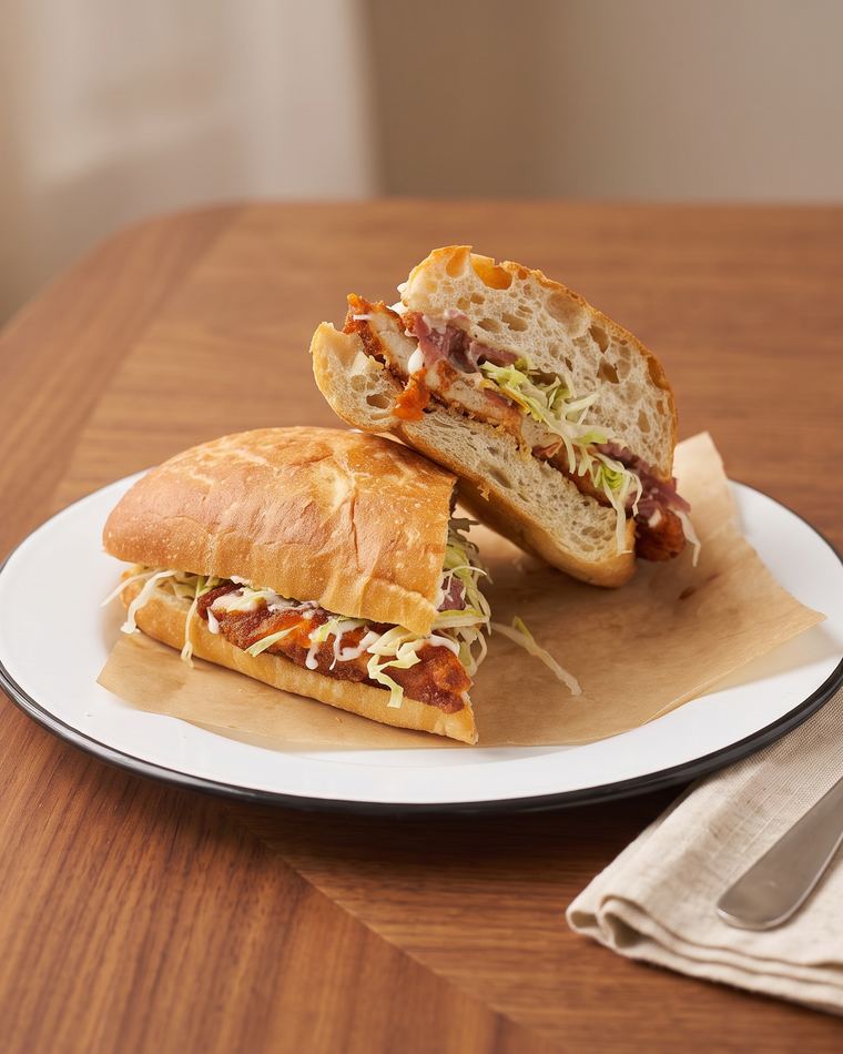 Buffalo Chicken & Gorgonzola sandwich on ciabatta, cut in half