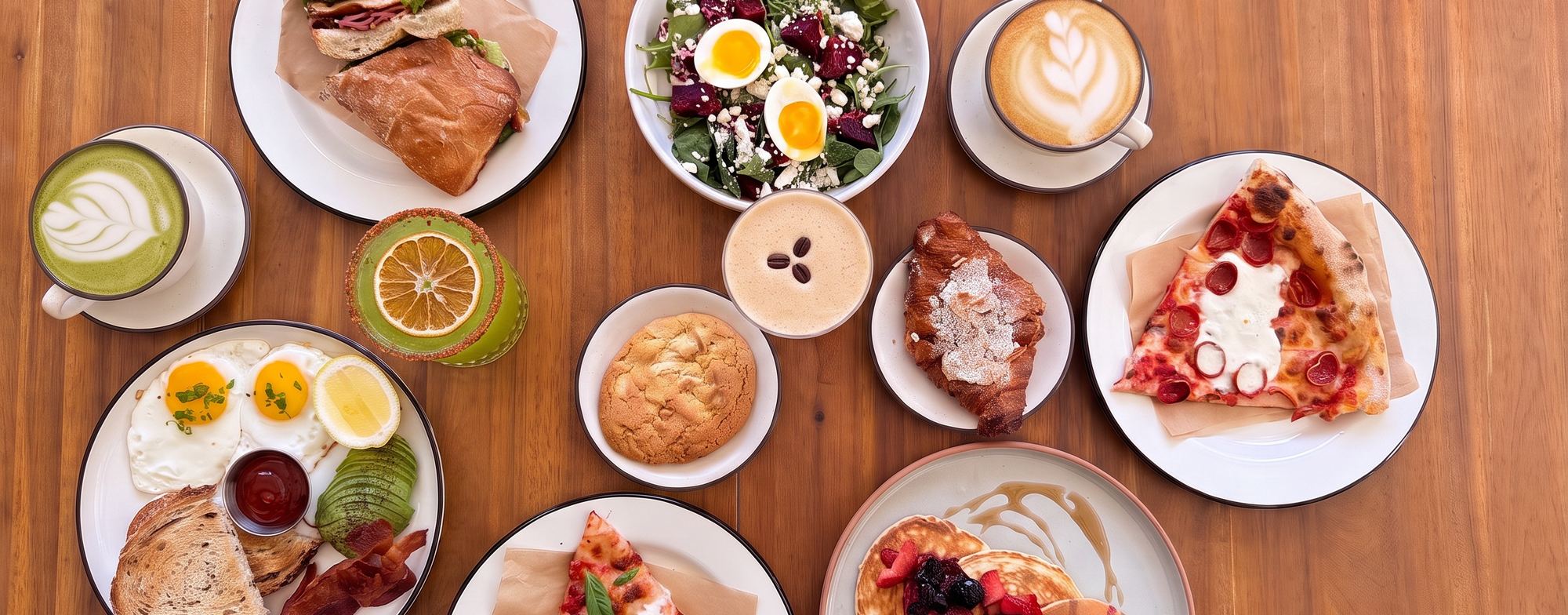A spread at NBHD Supply in Fort Lauderdale: a pepperoni slice, a margherita slice, eggs with bacon and avocado toast, a beet and feta salad, pancakes, a latte, a matcha latte and an espresso martini on a walnut table